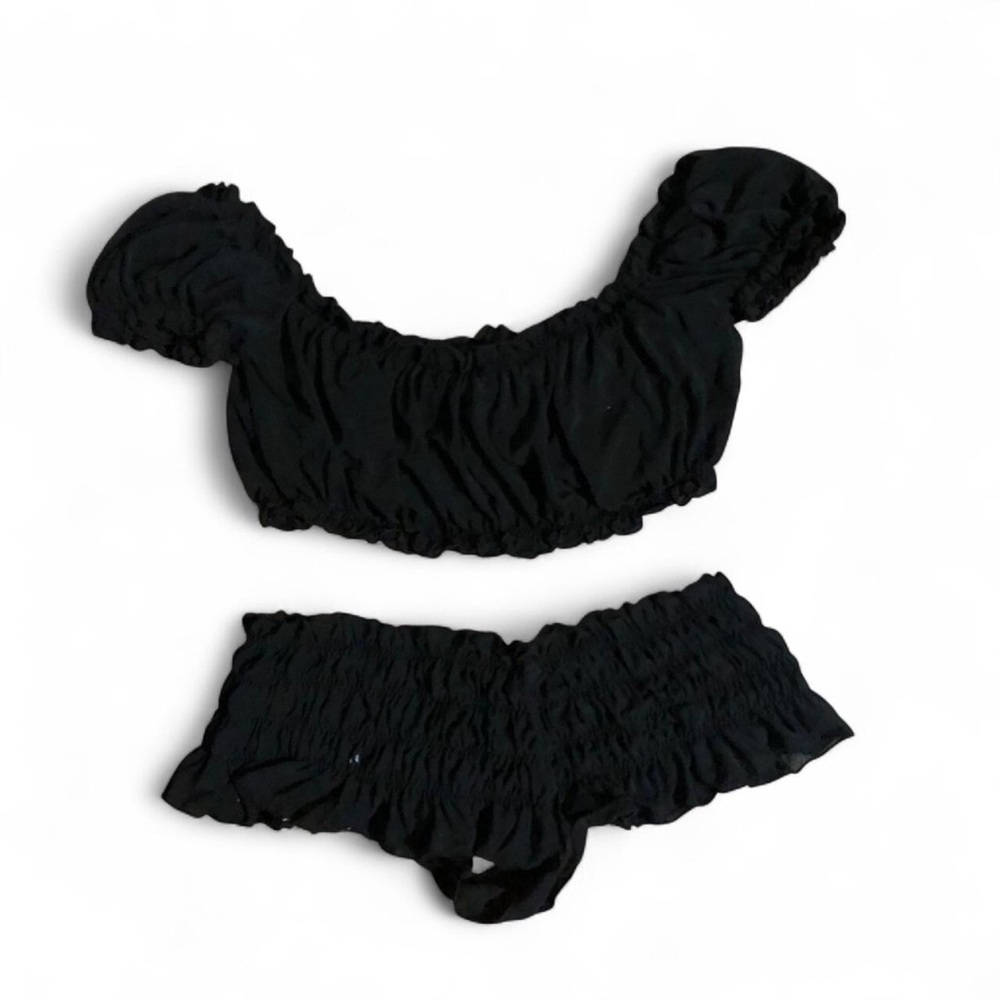 RARE Vintage Fredricks Of Hollywood Black Ruffle Gather Bow Two piece Set Y2K - Picture 7 of 7